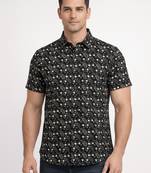 Black floral printed cotton shirt for men