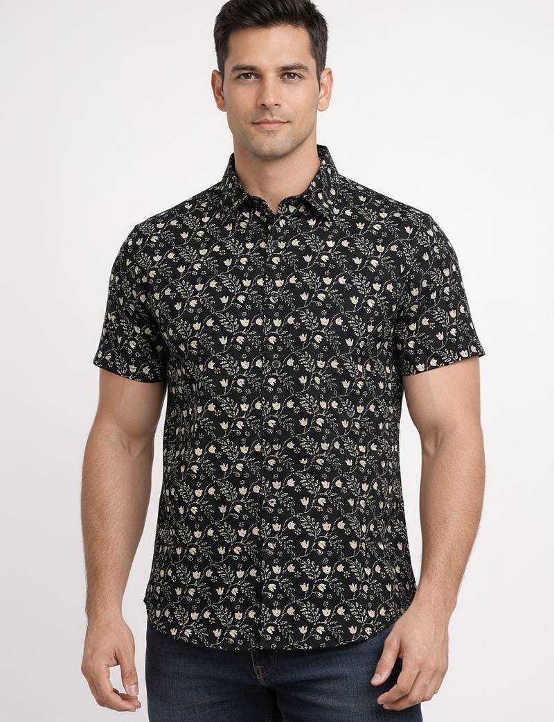 Black floral printed cotton shirt for men