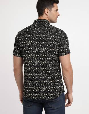 Black floral printed cotton shirt for men 4