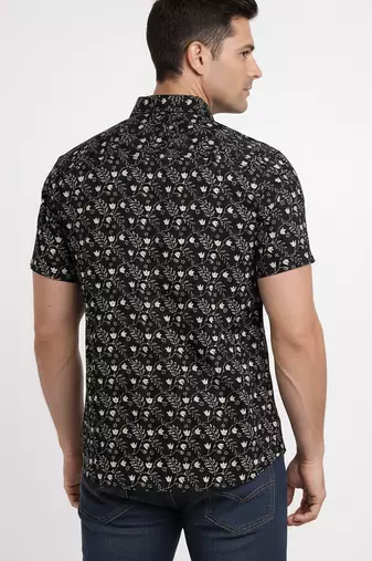 Black floral printed cotton shirt for men