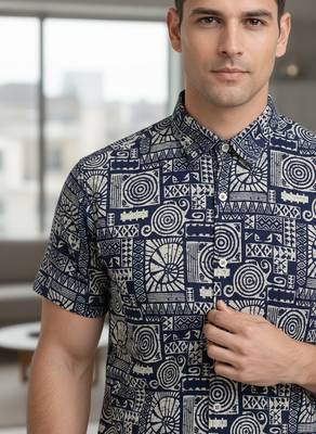 White geometric print cotton casual shirt for men 2