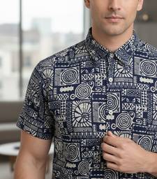 White geometric print cotton casual shirt for men