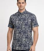 White geometric print cotton casual shirt for men