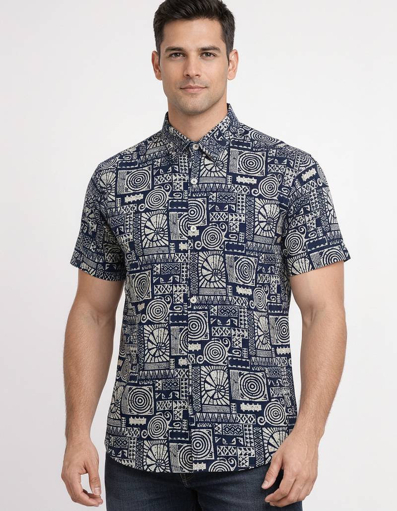 White geometric print cotton casual shirt for men