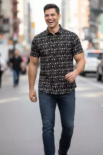 Black floral printed cotton shirt for men