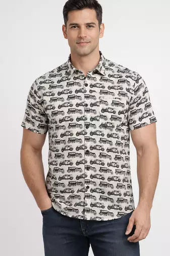 White block print cotton casual shirt for men