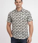 White block print cotton casual shirt for men