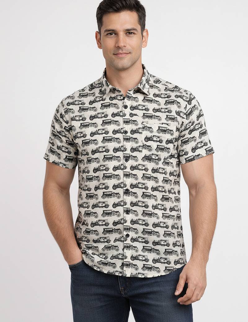 White block print cotton casual shirt for men
