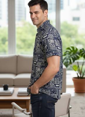 White geometric print cotton casual shirt for men 3