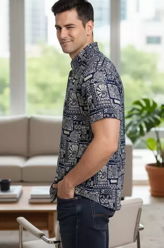 White geometric print cotton casual shirt for men