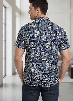 White geometric print cotton casual shirt for men 5