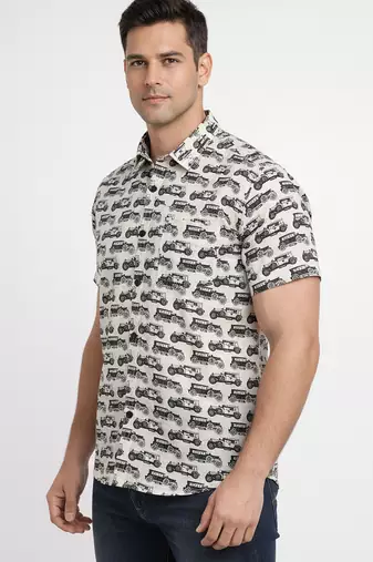 White block print cotton casual shirt for men