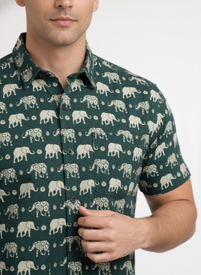 Green block print cotton casual shirt for men 2