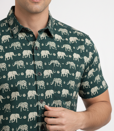 Green block print cotton casual shirt for men