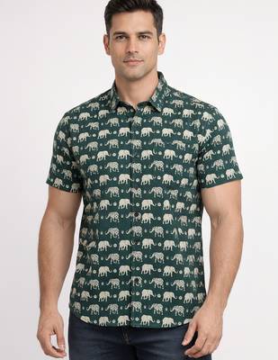 Green block print cotton casual shirt for men 1