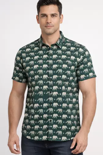 Green block print cotton casual shirt for men