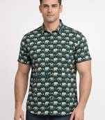 Green block print cotton casual shirt for men