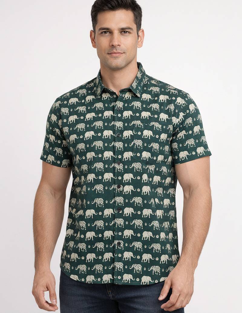 Green block print cotton casual shirt for men