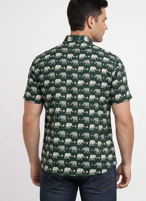 Green block print cotton casual shirt for men 3