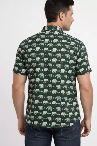 Green block print cotton casual shirt for men