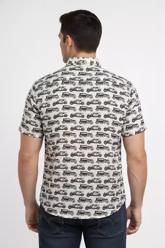 White block print cotton casual shirt for men