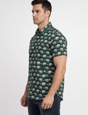 Green block print cotton casual shirt for men 4