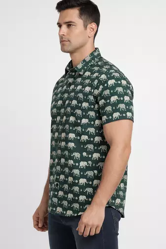 Green block print cotton casual shirt for men