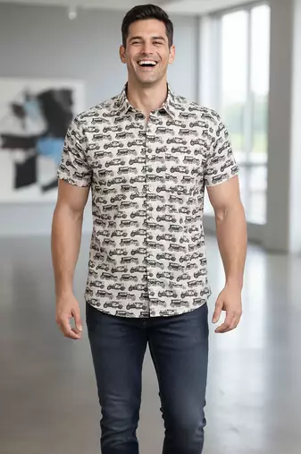 White block print cotton casual shirt for men
