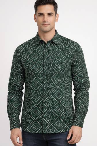Green floral printed cotton shirt for men