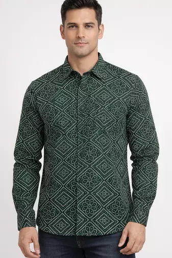 Green floral printed cotton shirt for men