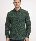 Green floral printed cotton shirt for men