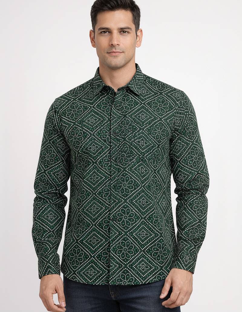 Green floral printed cotton shirt for men