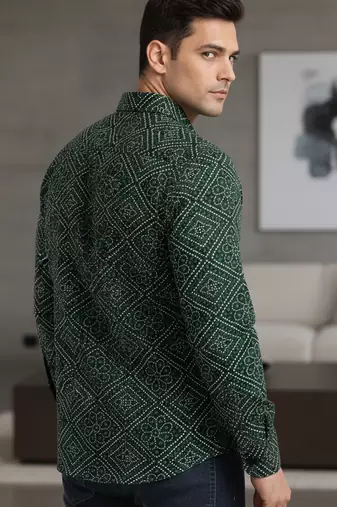 Green floral printed cotton shirt for men