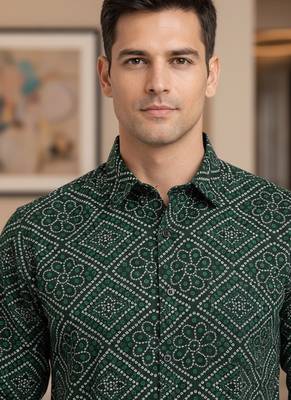 Green floral printed cotton shirt for men 3