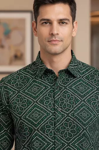 Green floral printed cotton shirt for men