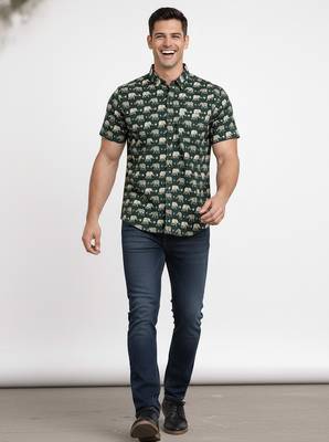 Green block print cotton casual shirt for men 5