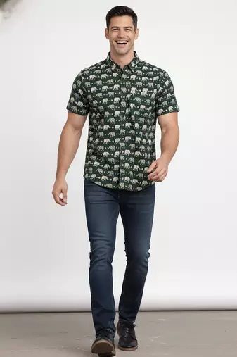 Green block print cotton casual shirt for men