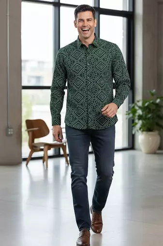 Green floral printed cotton shirt for men