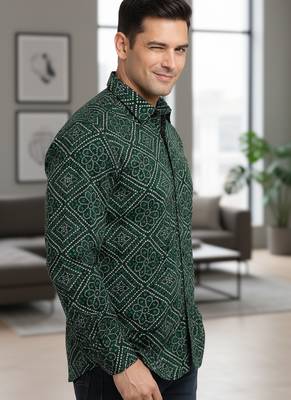 Green floral printed cotton shirt for men 5