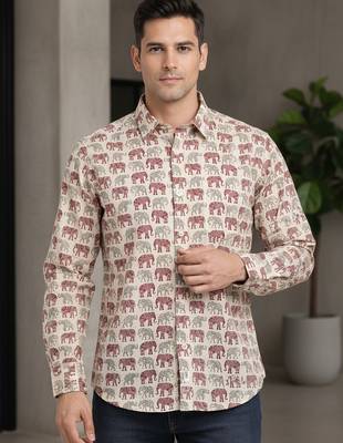 White block print cotton casual shirt for men 2
