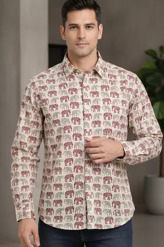 White block print cotton casual shirt for men
