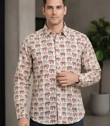 White block print cotton casual shirt for men