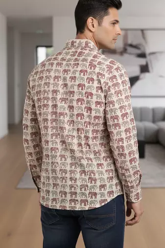 White block print cotton casual shirt for men