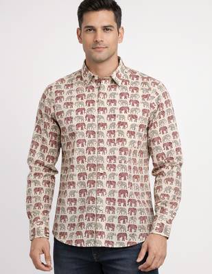 White block print cotton casual shirt for men 1