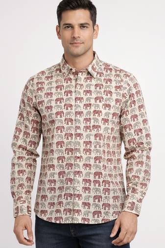 White block print cotton casual shirt for men