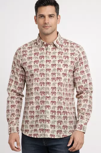White block print cotton casual shirt for men