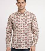 White block print cotton casual shirt for men