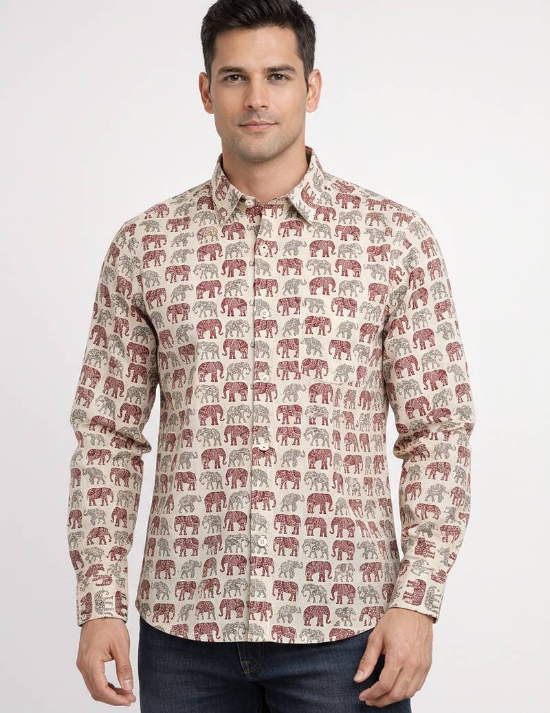 White block print cotton casual shirt for men