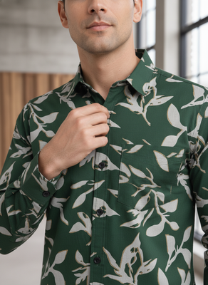 Green floral printed cotton shirt for men 2