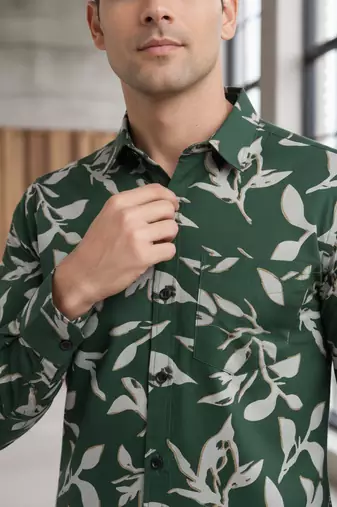 Green floral printed cotton shirt for men
